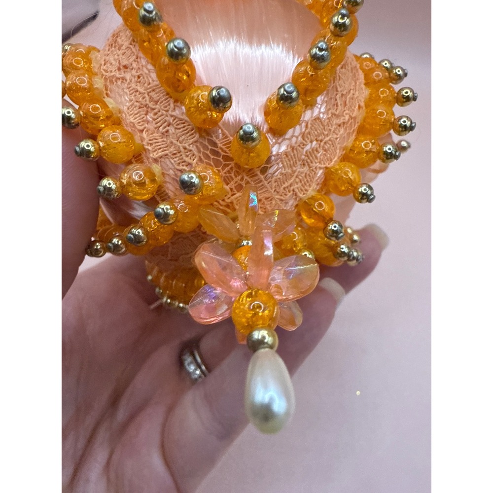 Vintage Handmade Beaded Push Pin Christmas Ornament Peach Satin Pearl - Picture 5 of 12